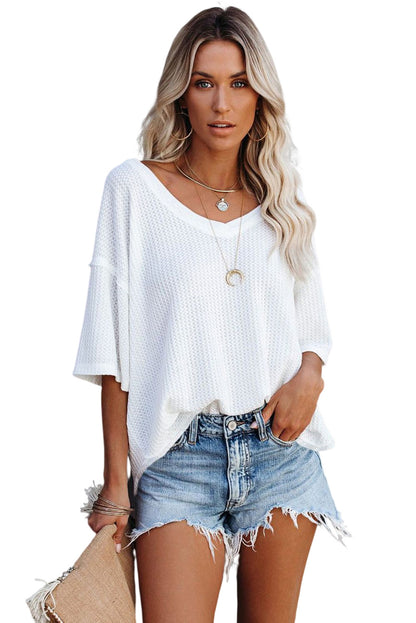 Black Waffle Knit Casual Drop Shoulder Loose Top