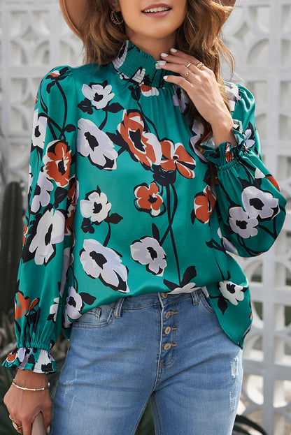 Green Mock Neck Top Floral Print Long Sleeve Silk Blouse