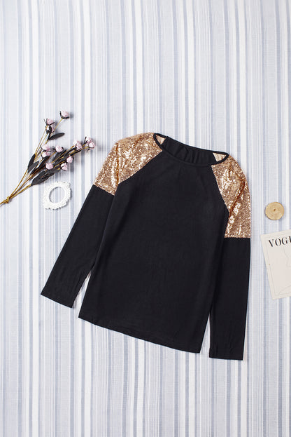 Black and Gold Sequin Raglan Sleeve Pullover