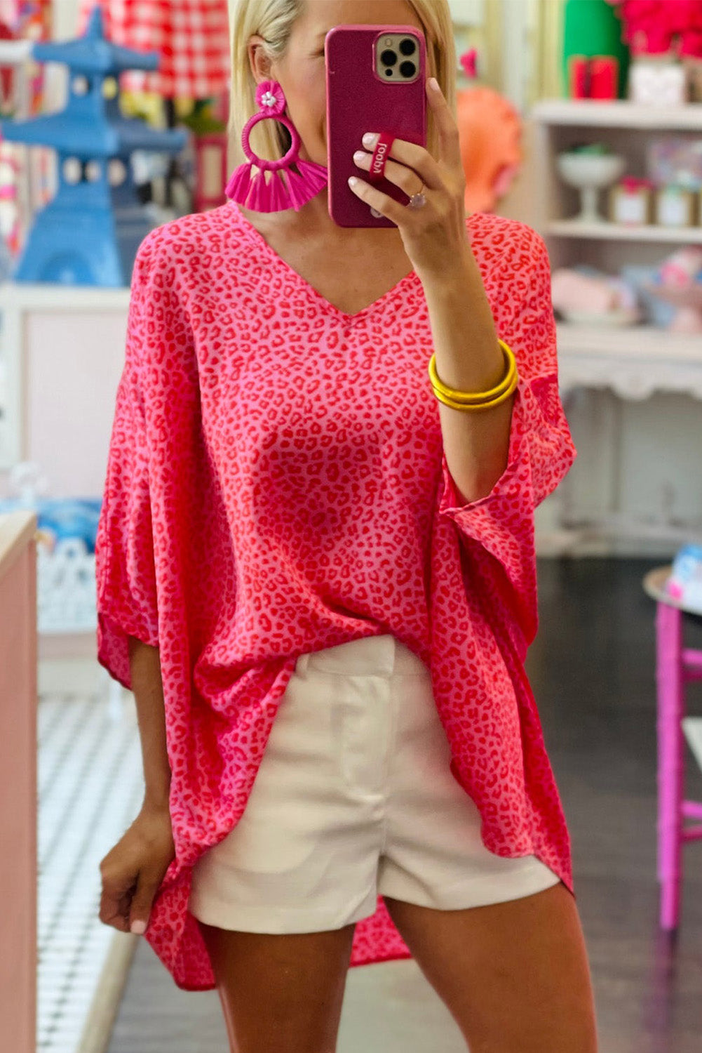 Rosy Leopard Print Oversized Casual Half Sleeve V Neck Top