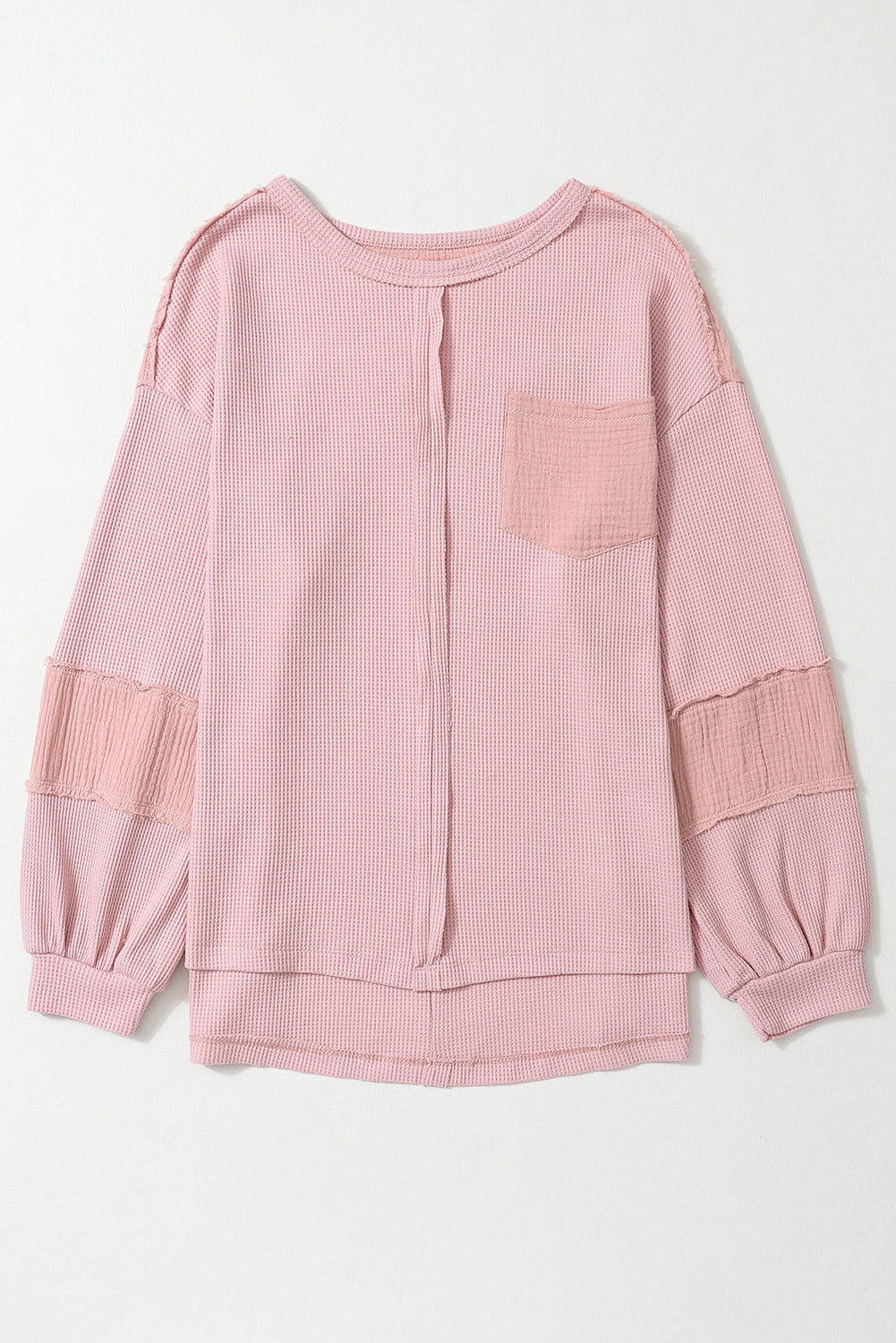 Pink Waffle and Crinkle Patchwork Long Sleeve Top