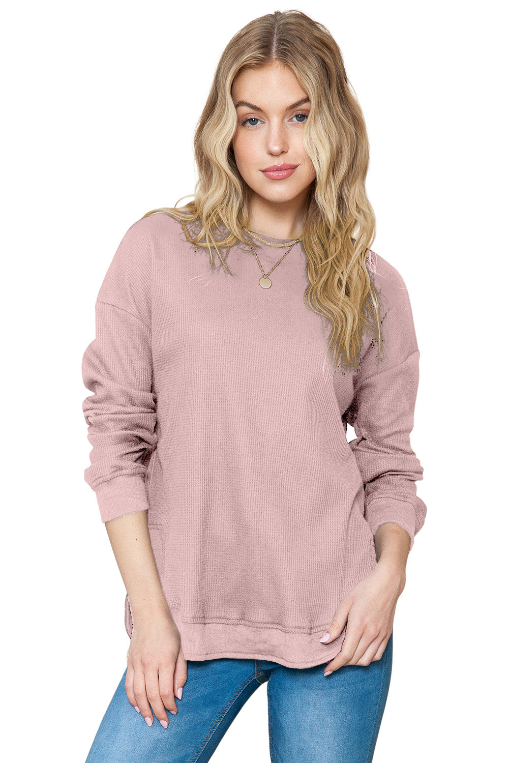 Pink Waffle Knit Crew Neck Casual Long Sleeve Top