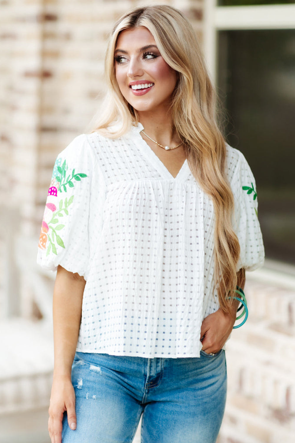 White Floral Embroidered Puff Sleeve Notched Neck Blouse