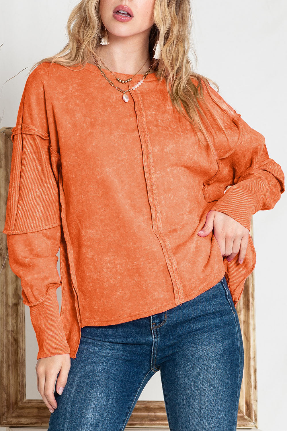 Rose Patchwork Long Sleeve Distress Pullover Sweatshirt