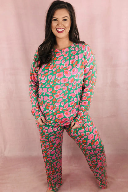 Green Plus Size Leopard Long Sleeve and Pants Loungewear Set