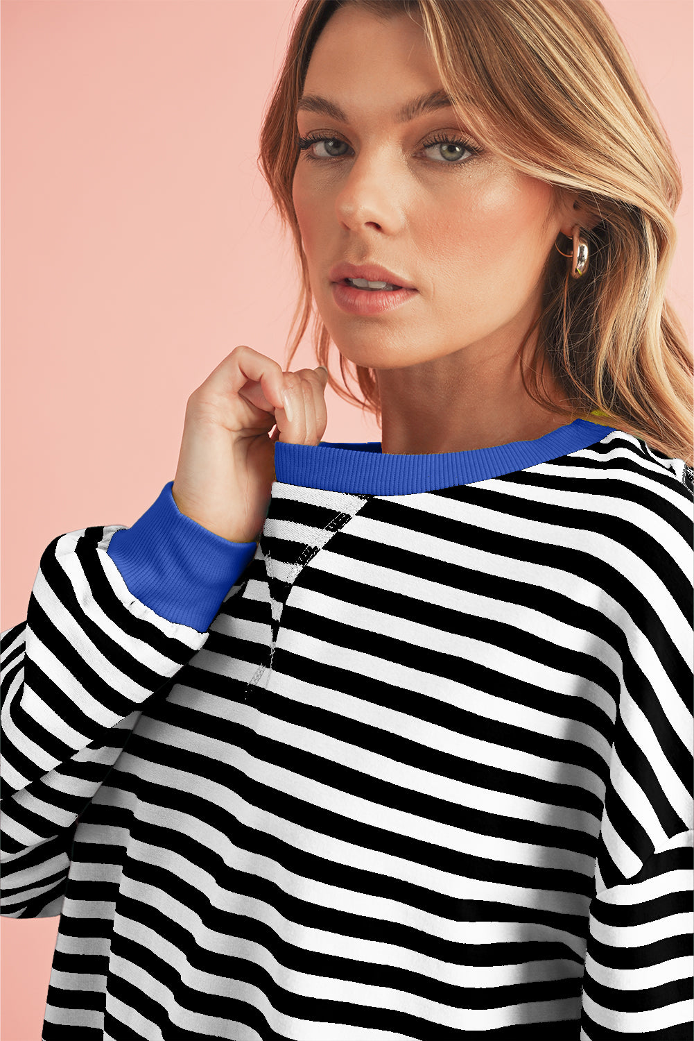 Sky Blue Stripe Contrast Edge Oversized Pullover