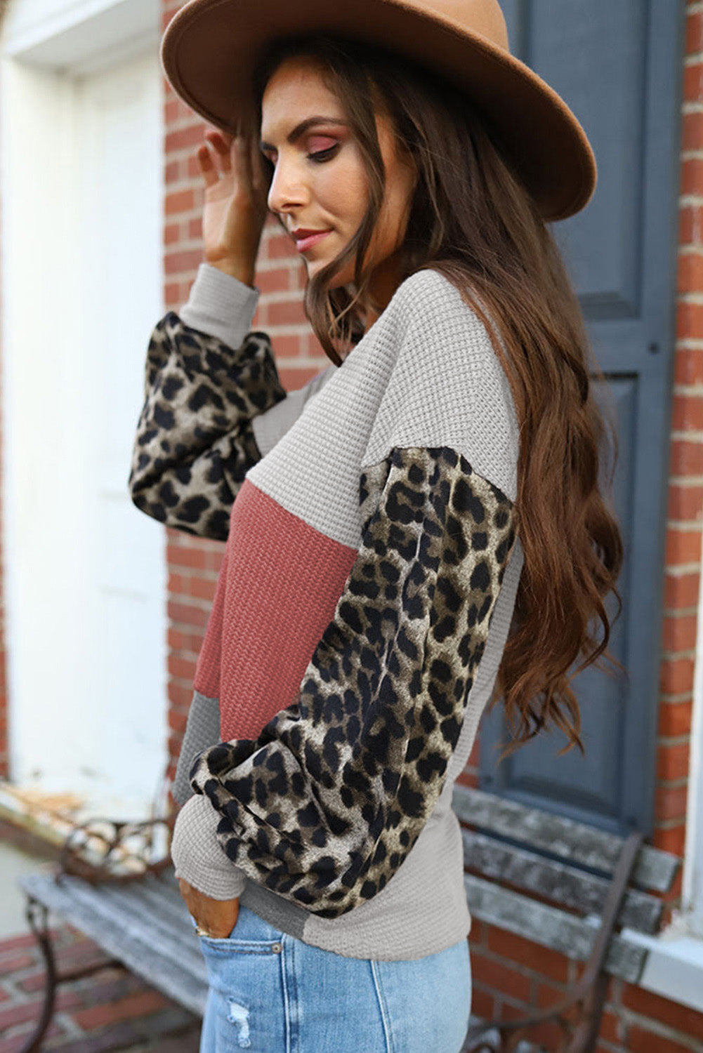 Leopard Print Color Block Waffle Knit Top