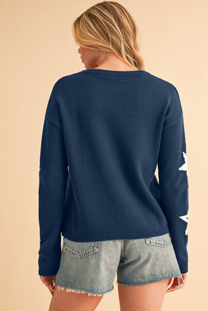 Sail Blue Star Print Drop Sleeve Cable Knit Sweater