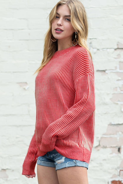 Red Casual Stripe Print Round Neck Sweater