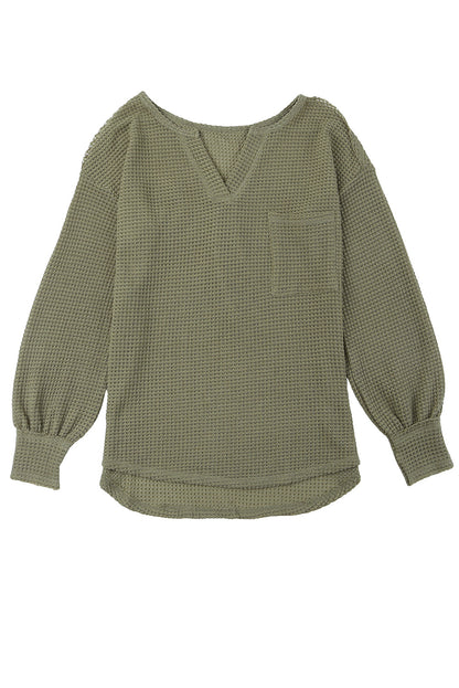 Green Waffle Knit Split V-Neck Top