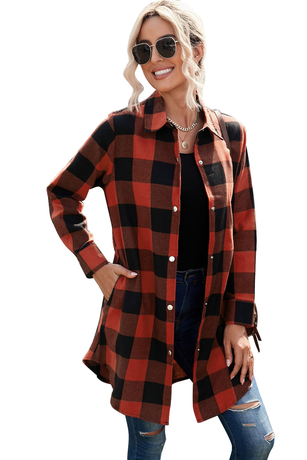 Brown & Black Plaid Collared Botton Down Long Shirt Shacket