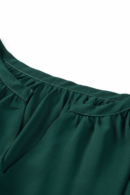 Green Casual Split Neck Pleated Loose Blouse