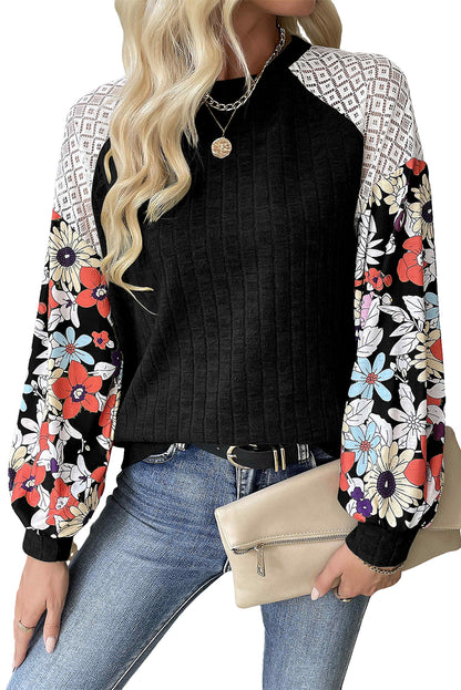 Black Floral Patchwork Raglan Sleeve Ribbed Top