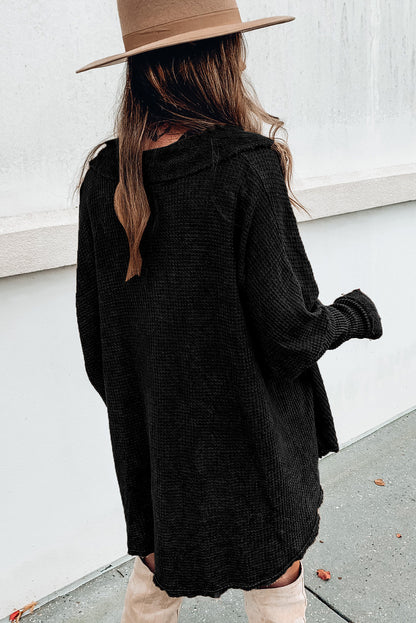 Black Waffle Pocket Seam Patchwork Loose Knit Top