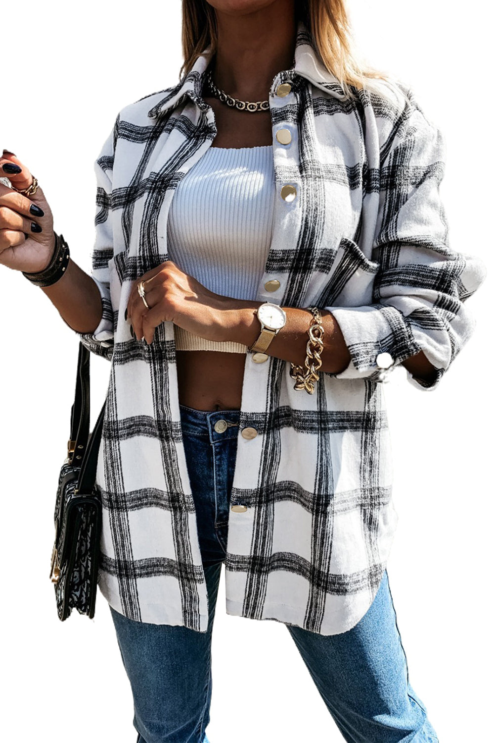 Pink Plaid Casual Button Up Shirt Shacket with Slits