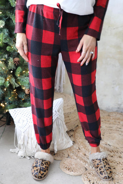 Red Plaid Merry Christmas Casual Top Pants Loungewear Set