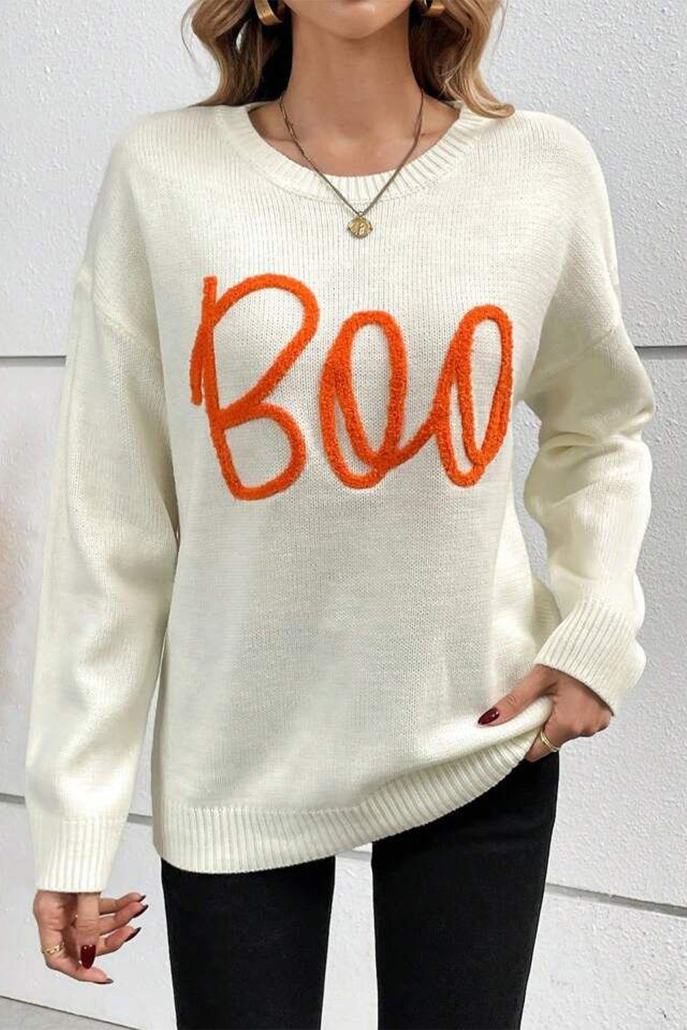 Orange Halloween Boo Drop Shoulder Knit Sweater