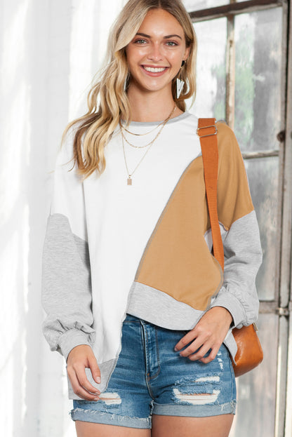 Khaki Colorblock Stitching Irregular Hem Long Sleeve Top