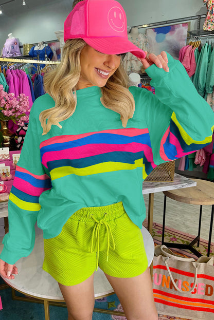 Green Colorful Striped Round Neck Long Sleeve Top