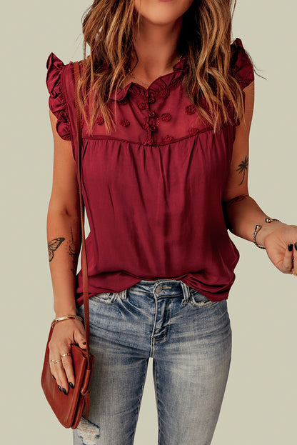 Burgundy Ruffle Trim Swiss Dot Button Closure Sleeveless Shirt