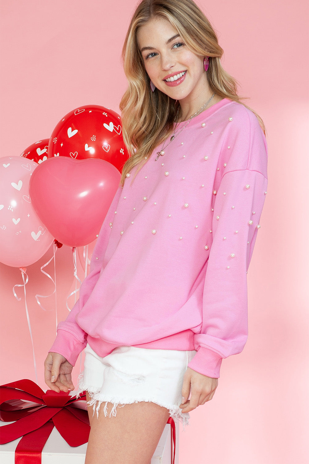 Pink Pearl Decor Contrast Round Neck Sweatshirt