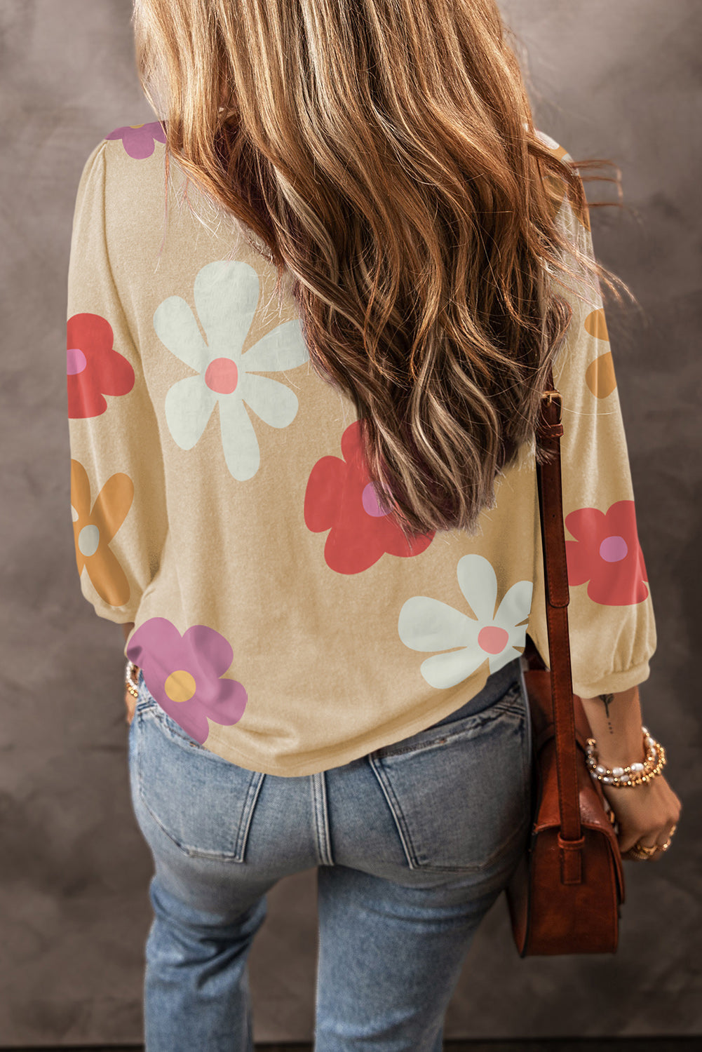 Apricot Flower Print Ruched Bracelet Sleeve Top