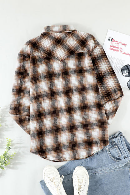 Brown Button Up Collared Plaid Shacket