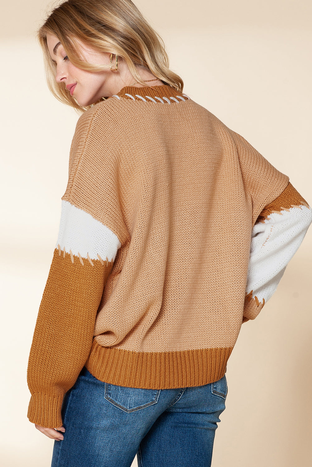 Flaxen Patchwork Drop Sleeve Knit Pullover Sweater