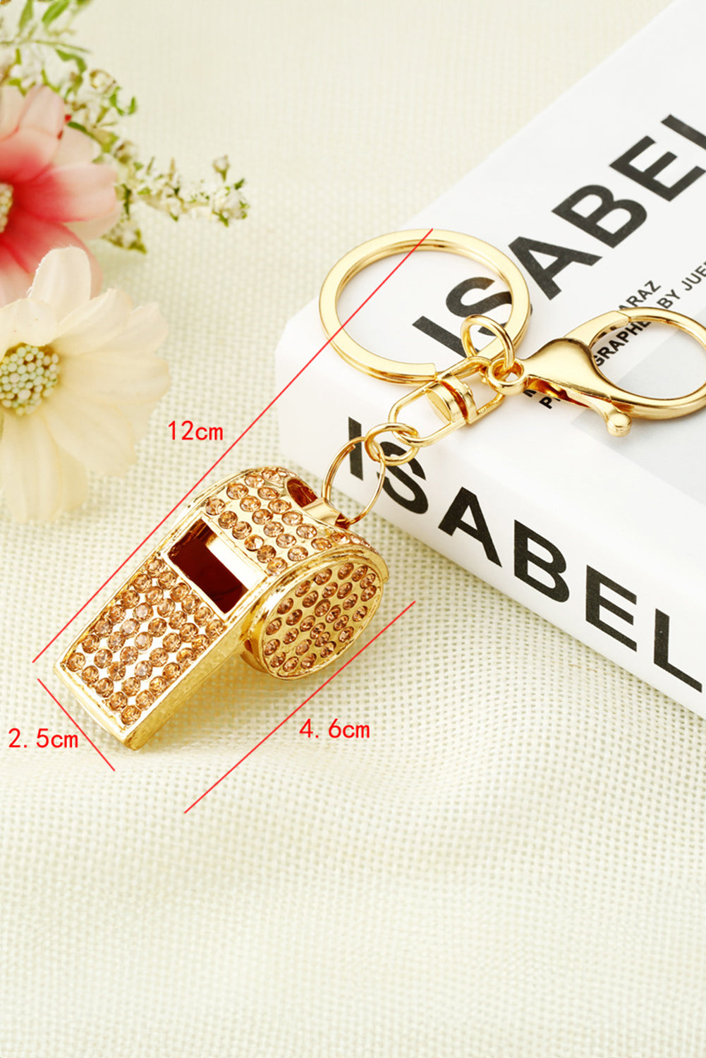 Gold Rhinestone Whistle Pendant Alloy Key Chain