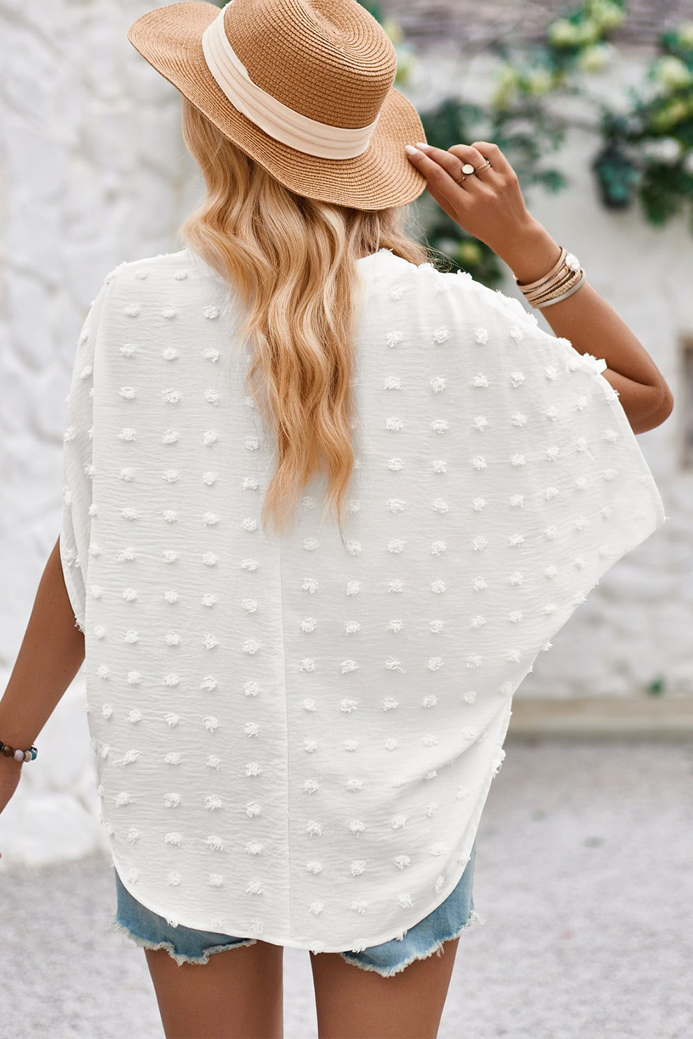 White V-neck Swiss Dot Dolman Sleeve Blouse