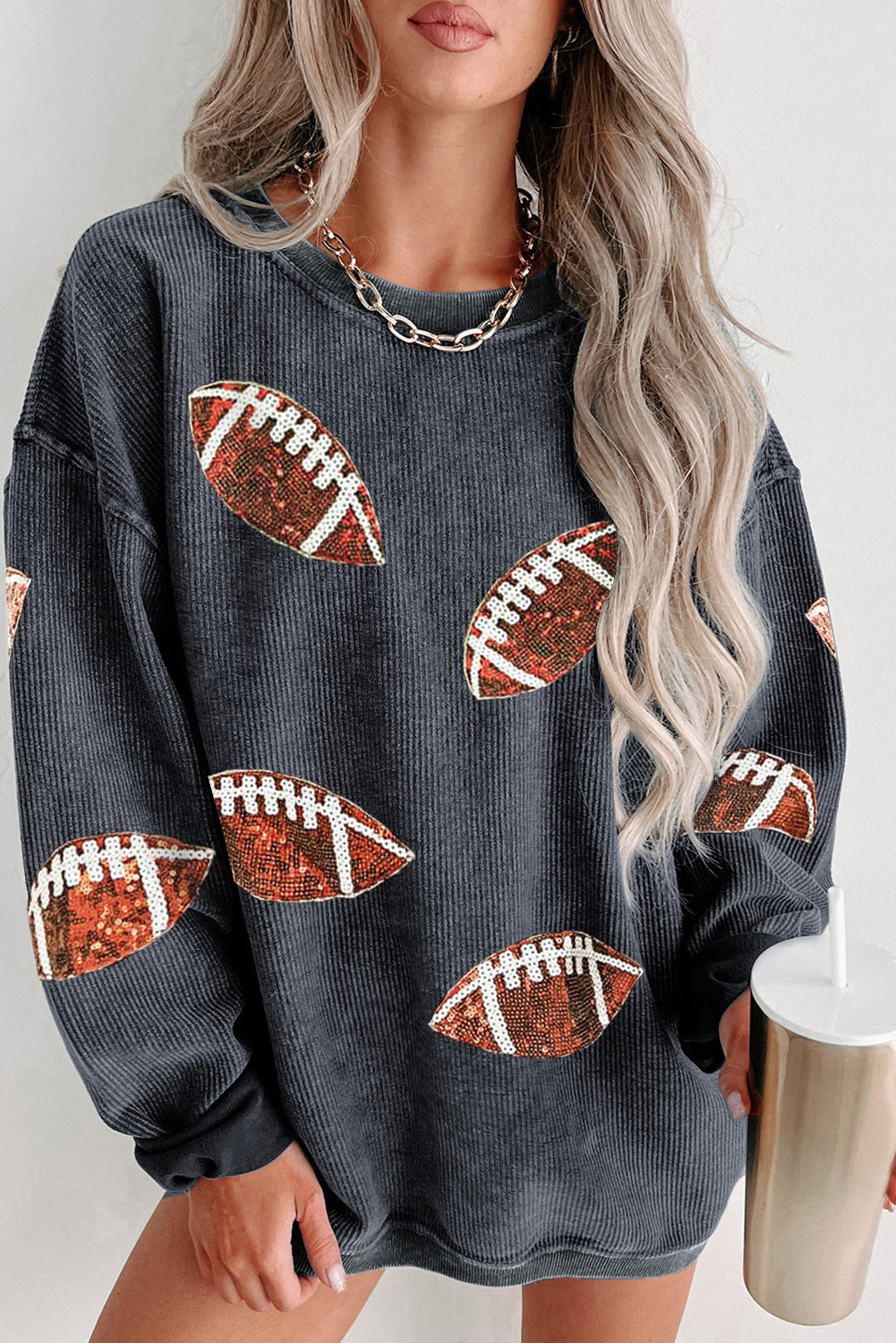 Pink Sequin Rugby Corded Oversized Graphic Sweatshirt