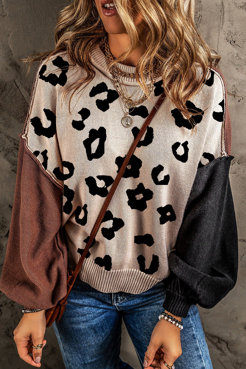 Coffee Leopard Print Patchwork Pullover Sweater