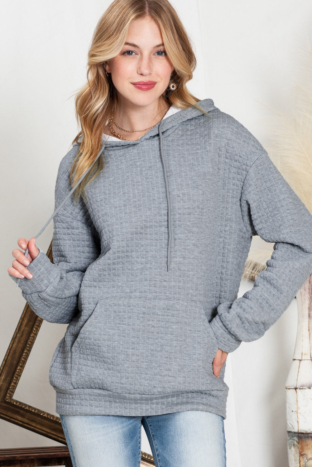 White Lattice Textured Kangaroo Pocket Hoodie