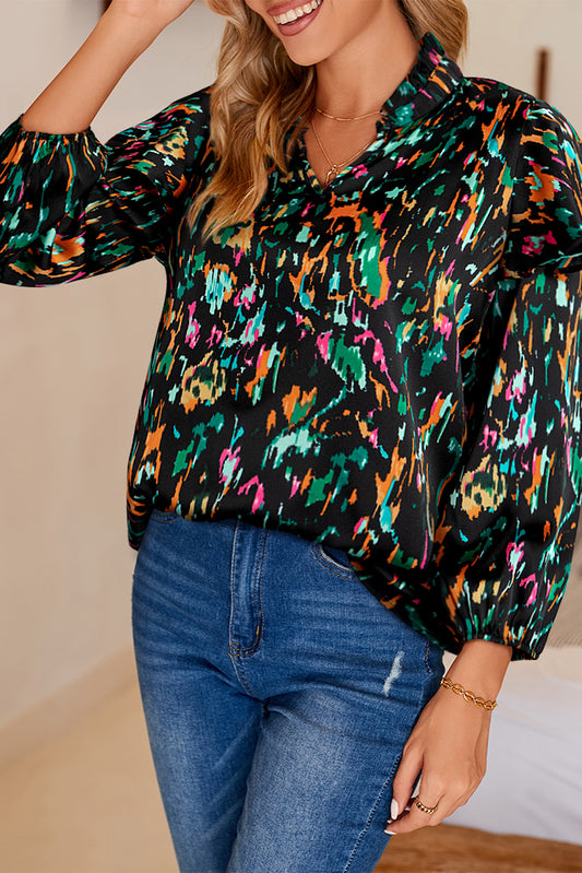 Multicolor Abstract Print Puff Sleeve Ruffle Blouse