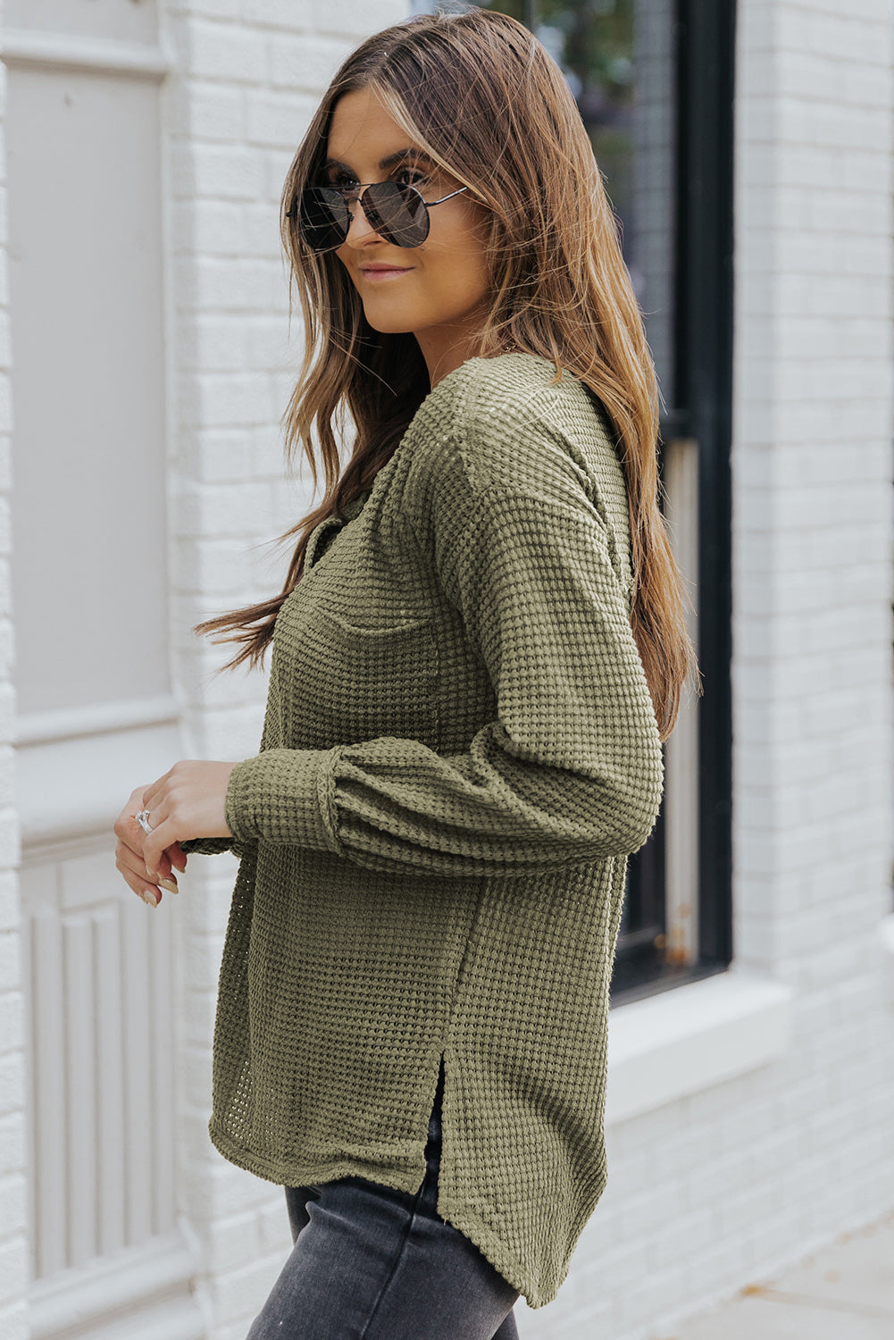 Green Waffle Knit Split V-Neck Top