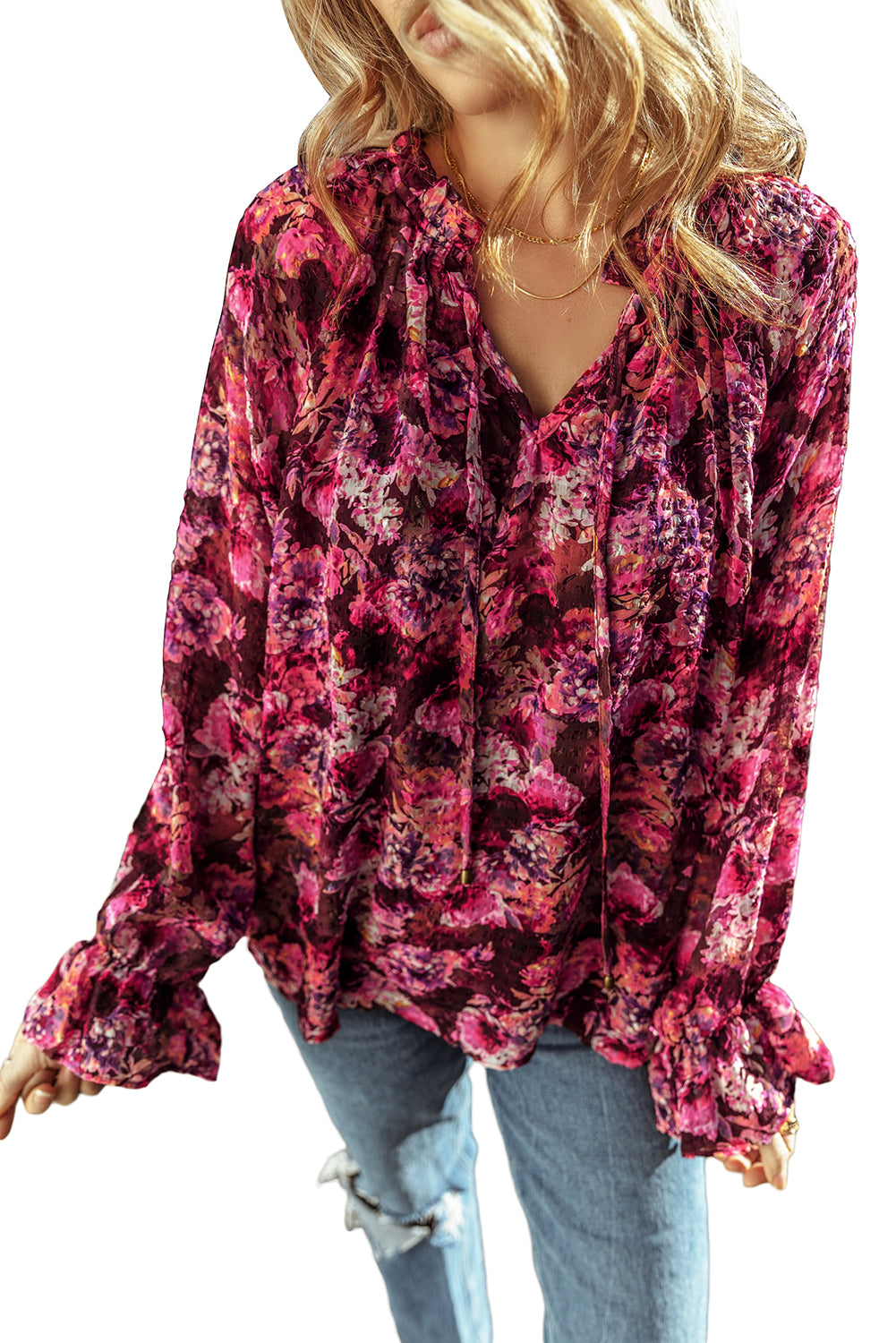 Rose Red Floral Print Drawstring Frill V Neck Blouse