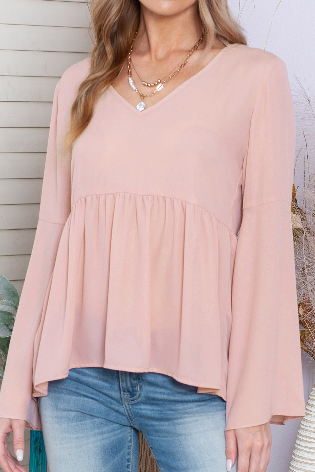 Pink Bell Sleeve Top V Neck Tie Back Peplum Blouse