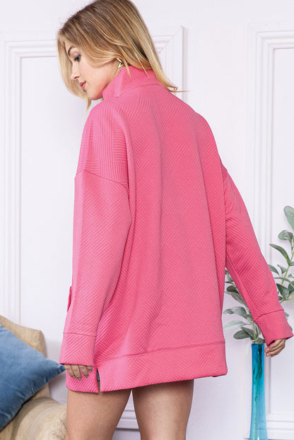 Hot Pink Casual Textured Kangaroo Pocket Sweatshirt