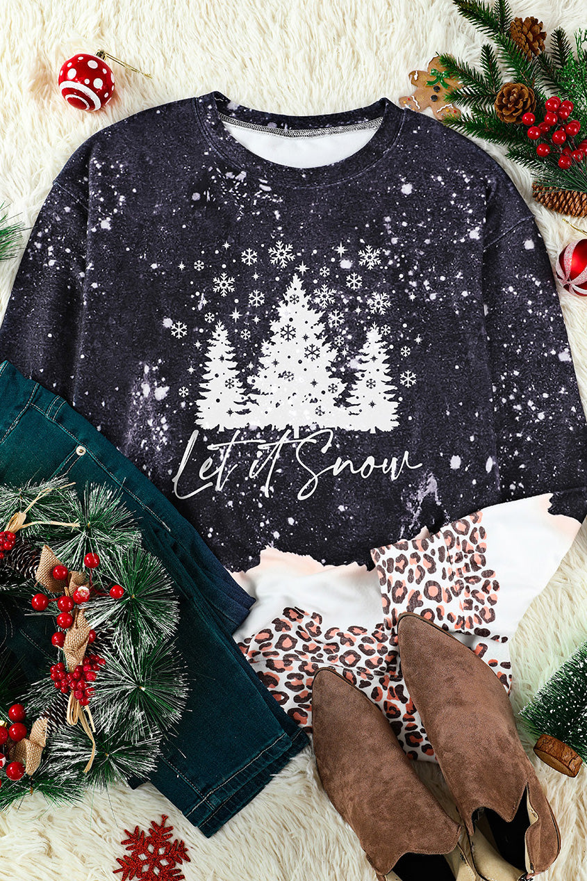 Black Christmas Tree Snowy Leopard Bleached Graphic Sweatshirt