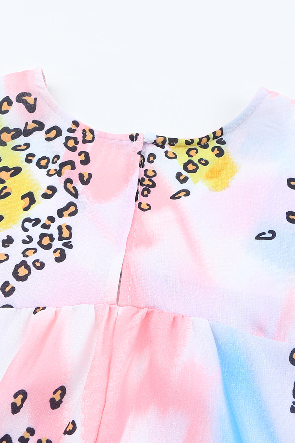 White Tie Dye Leopard Print Color Block Back Button Keyhole Blouse