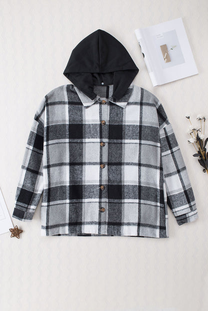 Gray Plaid Button Front Drop Sleeve Hooded Shacket