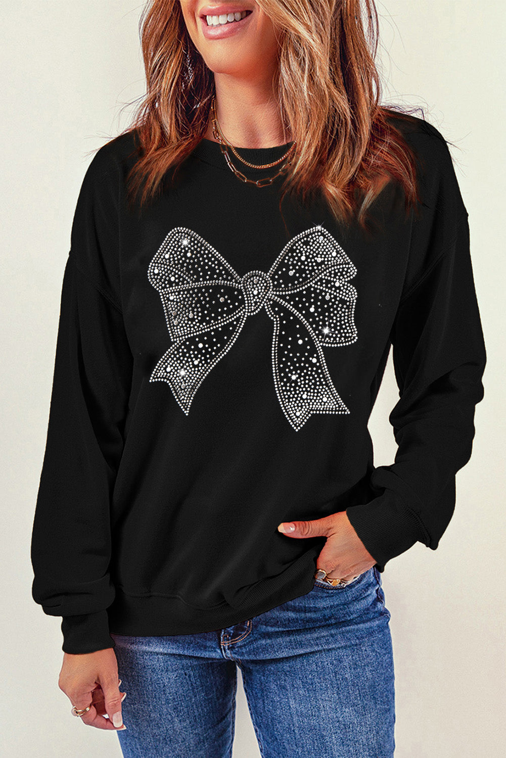 Black Rhinestone Bowknot Graphic Crewneck Pullover Sweatshirt