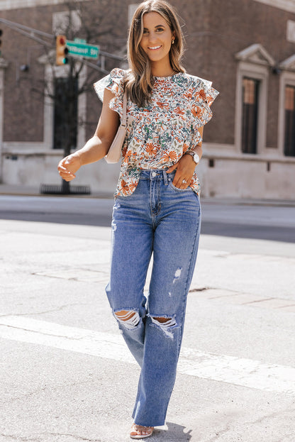 Multicolor Boho Floral Print Ruffled Sleeve Blouse