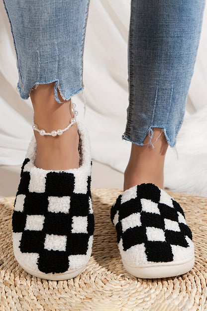 Grass Green Checkered Print Fuzzy Slip On Winter Slippers