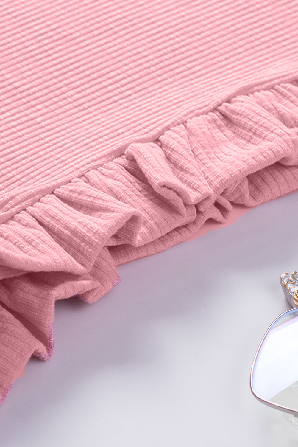 Pink Ruffle Sleeve Crewneck Ribbed Crop Top