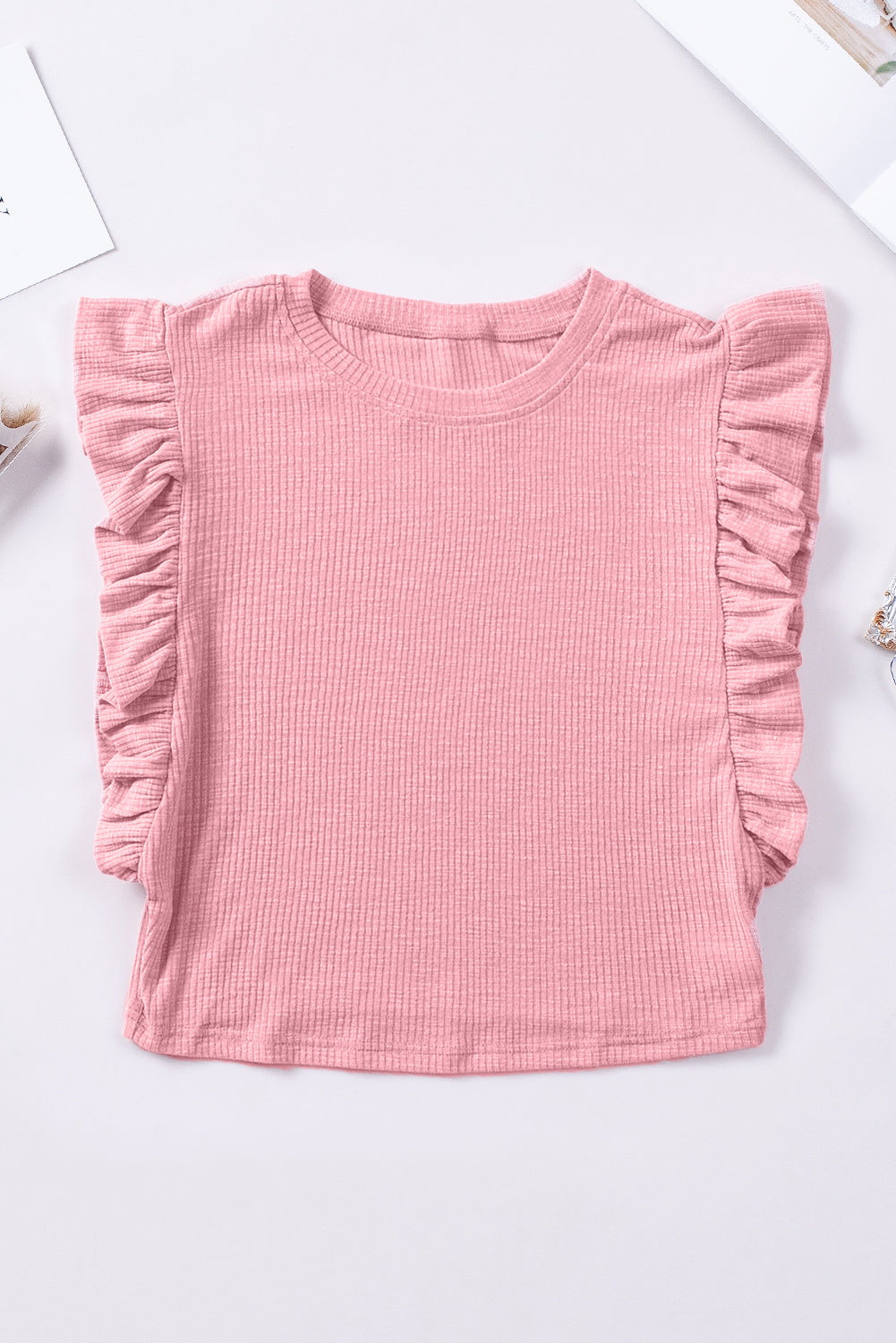 Pink Ruffle Sleeve Crewneck Ribbed Crop Top