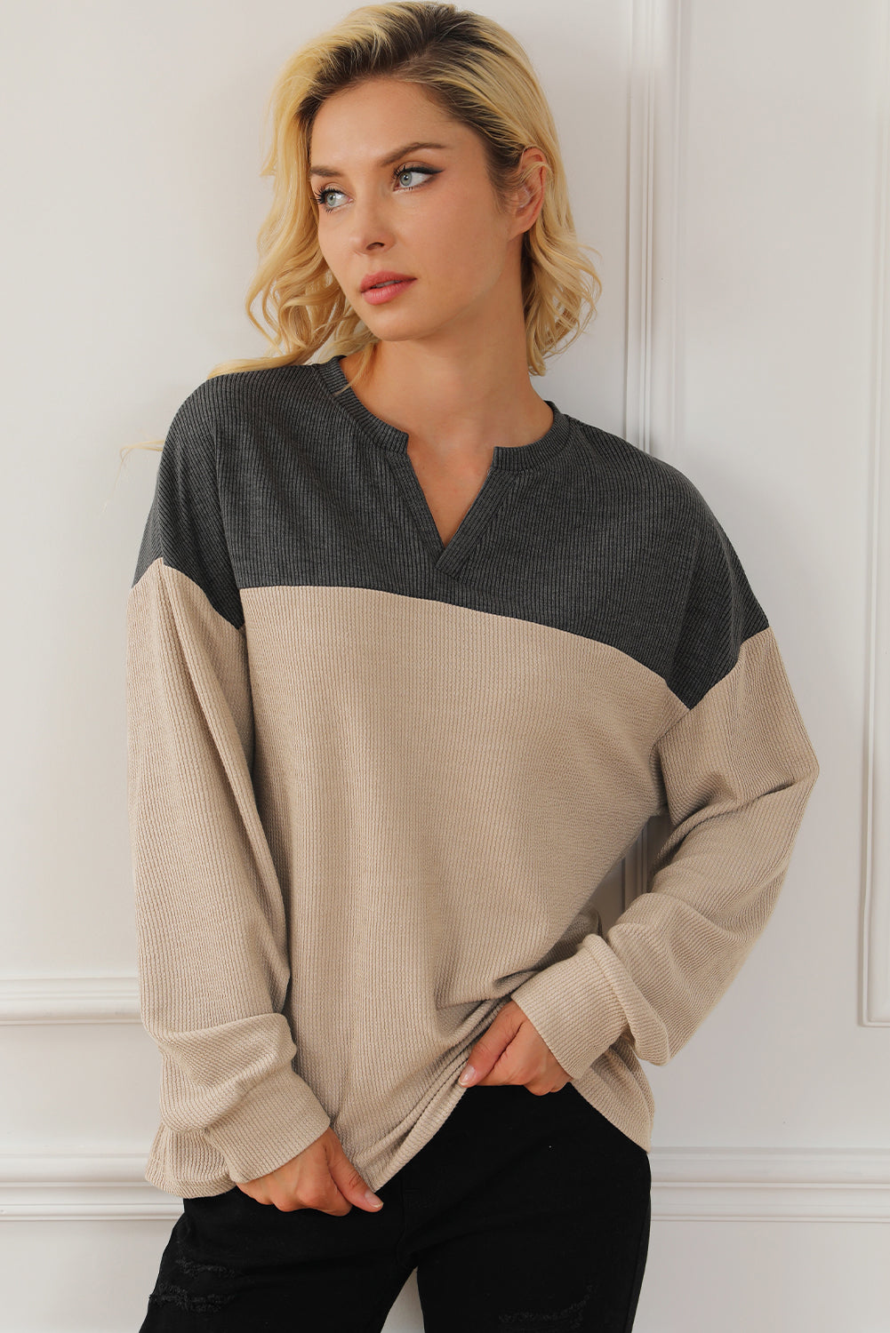 Carbon Grey Patchwork V Neck Corded Sweatshirt