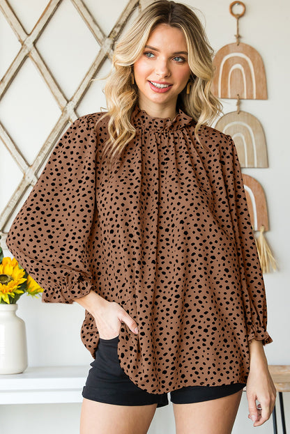 Khaki Leopard 3/4 Ruffle Sleeve Frill Neck Blouse