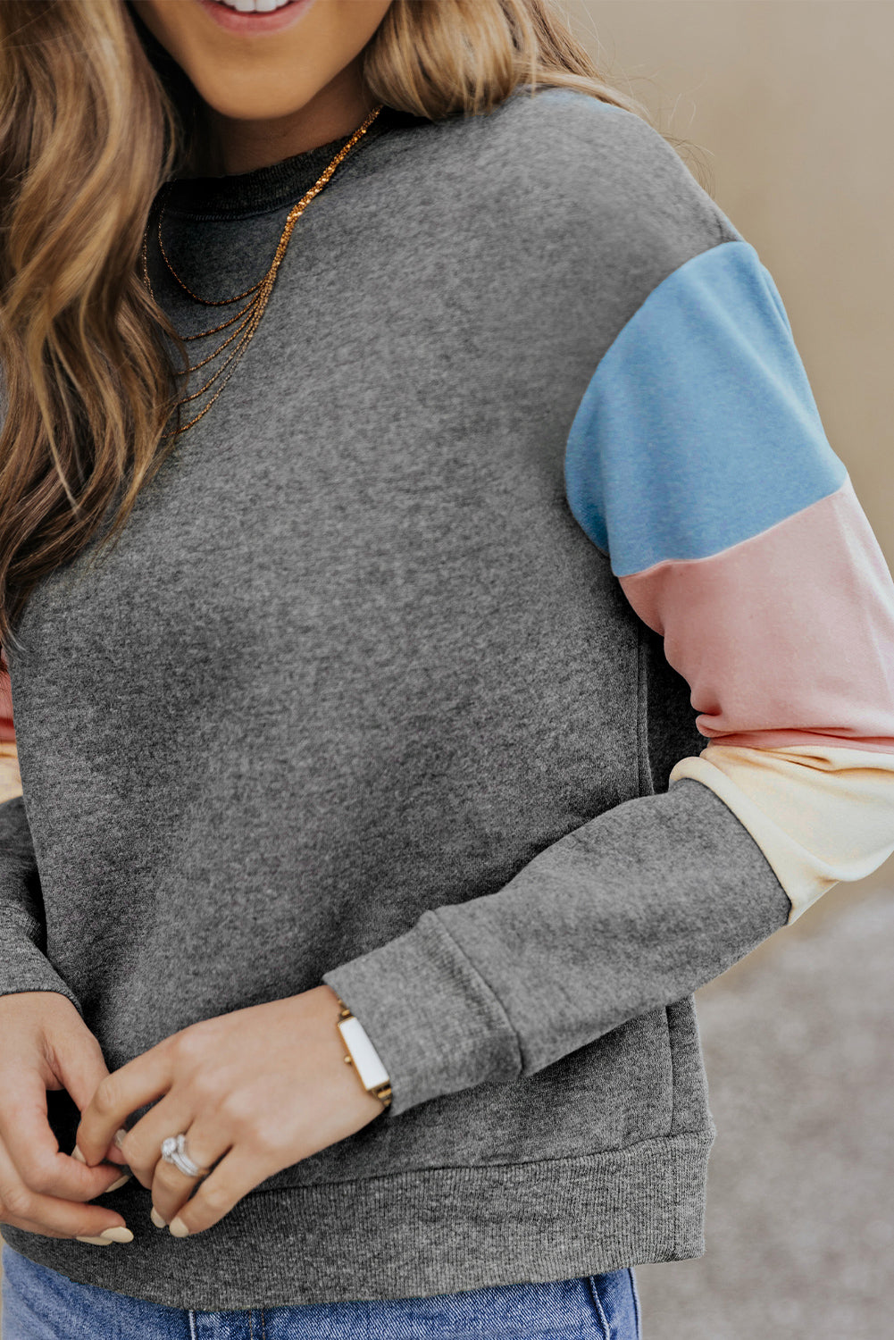 Grey Casual Color Block Drop Sleeve Sweatshirt