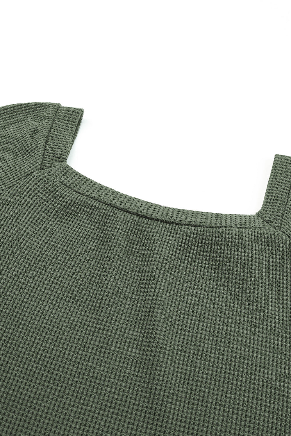 Green Plain Waffle Knit Bishop Sleeve Square Neck Top